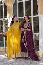 Thumbnail for Jyoti Fashion Women's Yellow & Wine Faux Georgette Rich Sequins Embroidered Combo Anarkali Set with Dupatta - Distacart