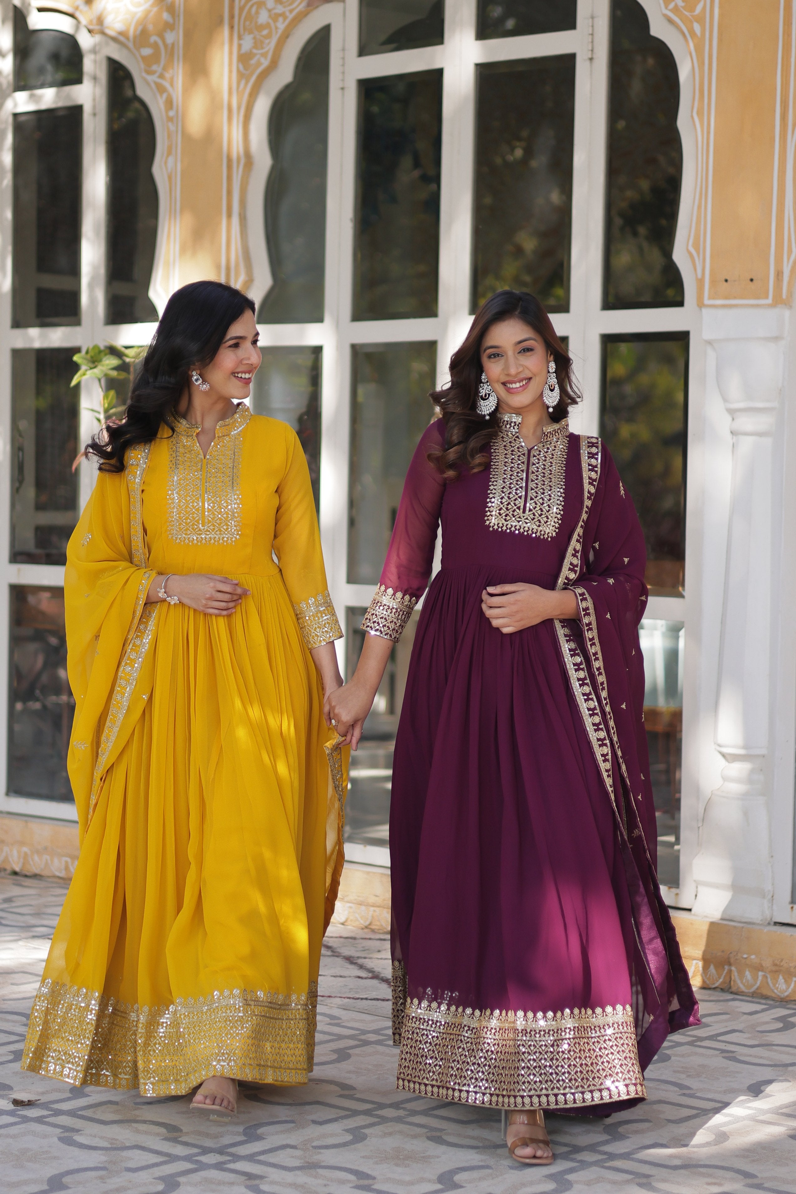 Jyoti Fashion Women's Yellow & Wine Faux Georgette Rich Sequins Embroidered Combo Anarkali Set with Dupatta - Distacart