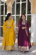 Thumbnail for Jyoti Fashion Women's Yellow & Wine Faux Georgette Rich Sequins Embroidered Combo Anarkali Set with Dupatta - Distacart