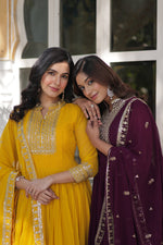 Thumbnail for Jyoti Fashion Women's Yellow & Wine Faux Georgette Rich Sequins Embroidered Combo Anarkali Set with Dupatta - Distacart