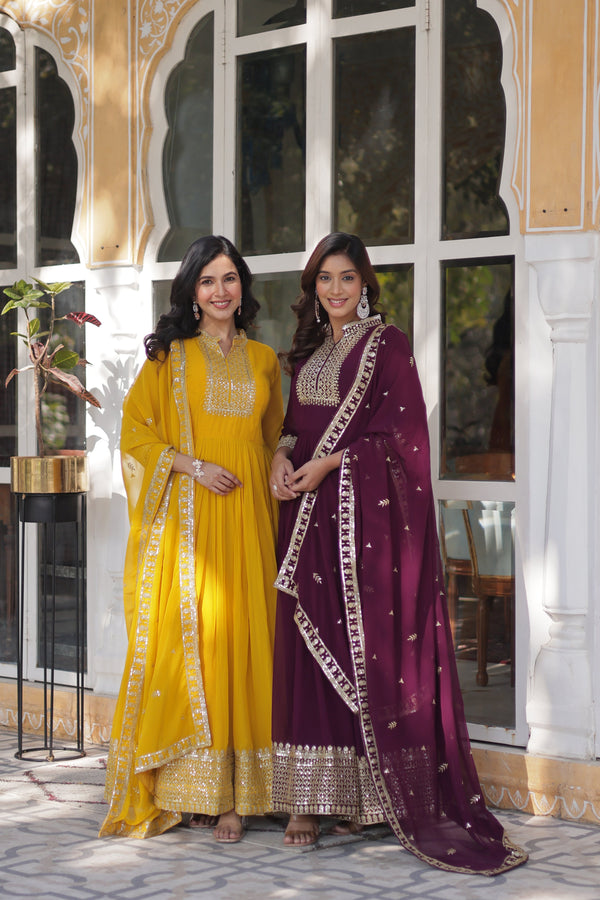 Jyoti Fashion Women's Yellow & Wine Faux Georgette Rich Sequins Embroidered Combo Anarkali Set with Dupatta - Distacart
