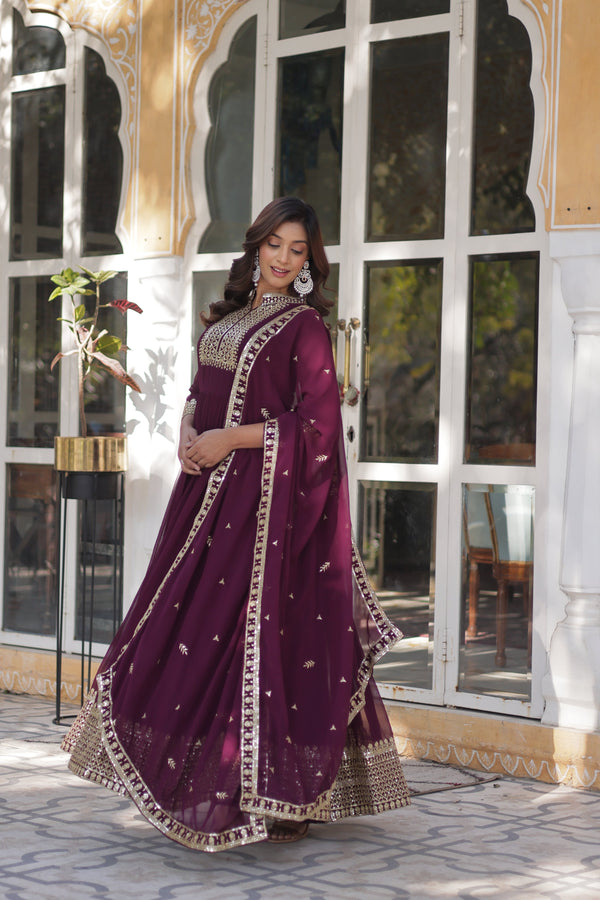Jyoti Fashion Women's Wine Faux Georgette Rich Sequins Embroidered Anarkali Set with Dupatta - Distacart