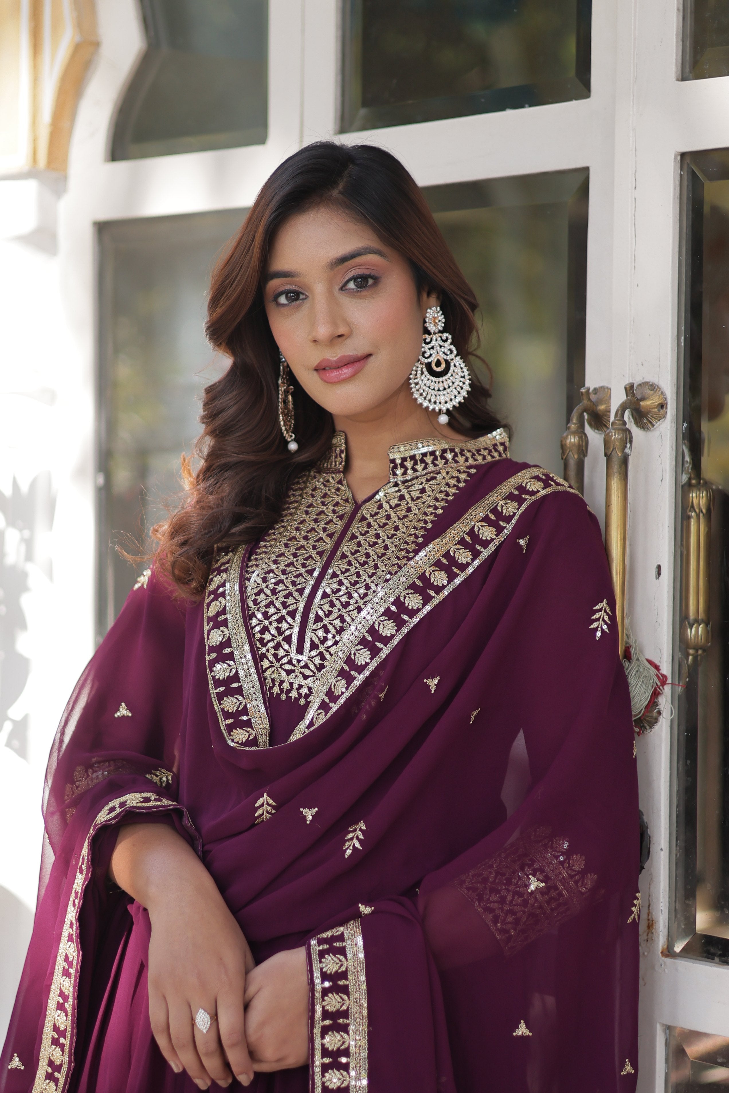 Jyoti Fashion Women's Wine Faux Georgette Rich Sequins Embroidered Anarkali Set with Dupatta - Distacart