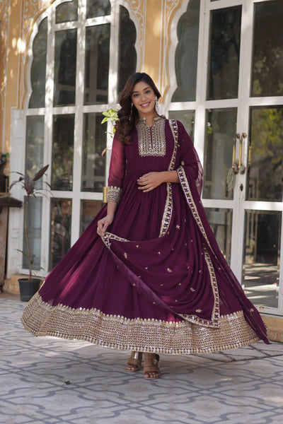 Jyoti Fashion Women's Wine Faux Georgette Rich Sequins Embroidered Anarkali Set with Dupatta - Distacart