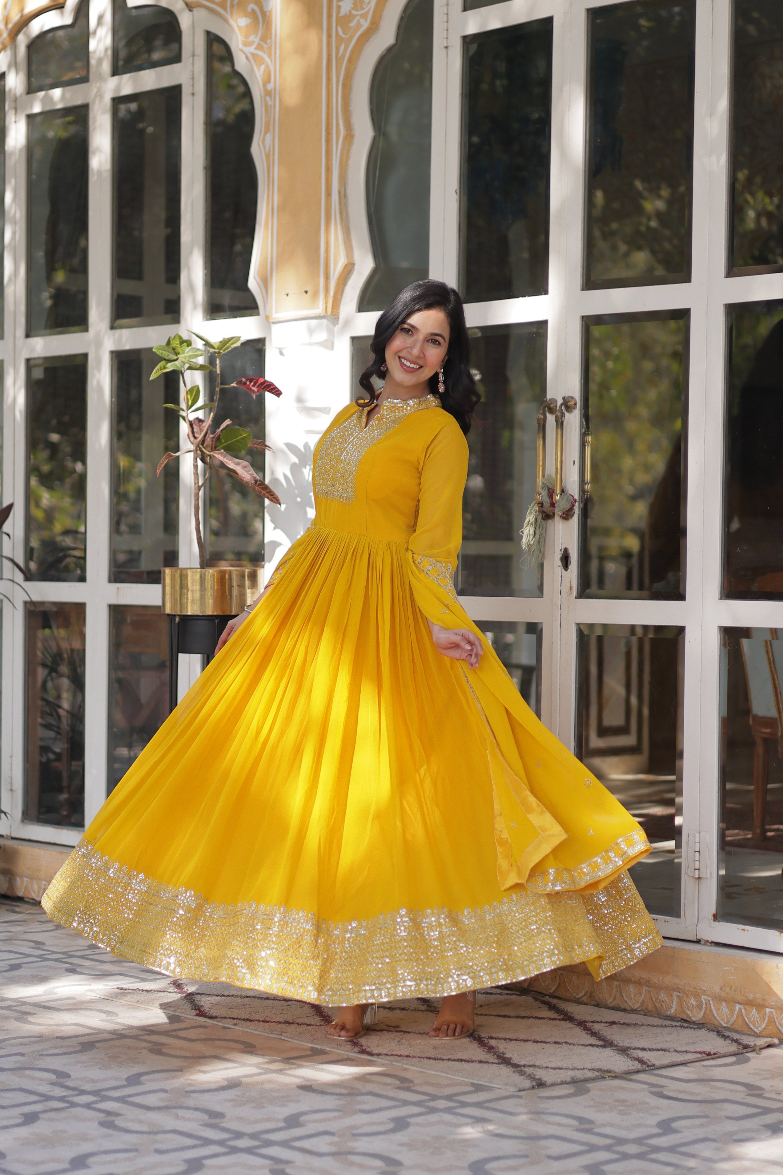 Jyoti Fashion Women's Yellow Faux Georgette Rich Sequins Embroidered Anarkali Set with Dupatta - Distacart