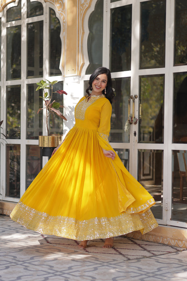 Jyoti Fashion Women's Yellow Faux Georgette Rich Sequins Embroidered Anarkali Set with Dupatta - Distacart