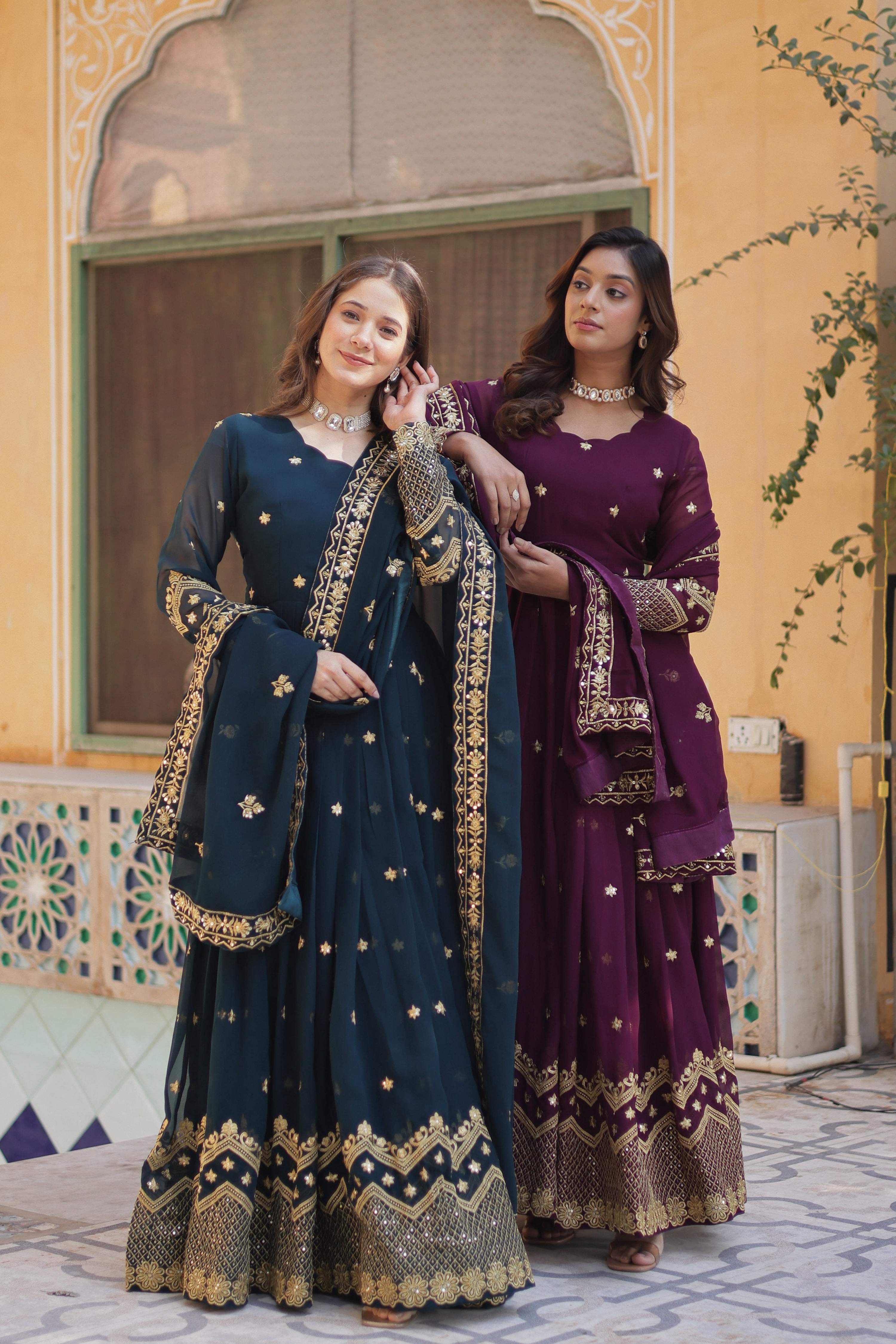 Jyoti Fashion Women's Rama & Wine Faux Georgette Zari with Sequins Embroidered Combo Anarkali Set with Dupatta - Distacart