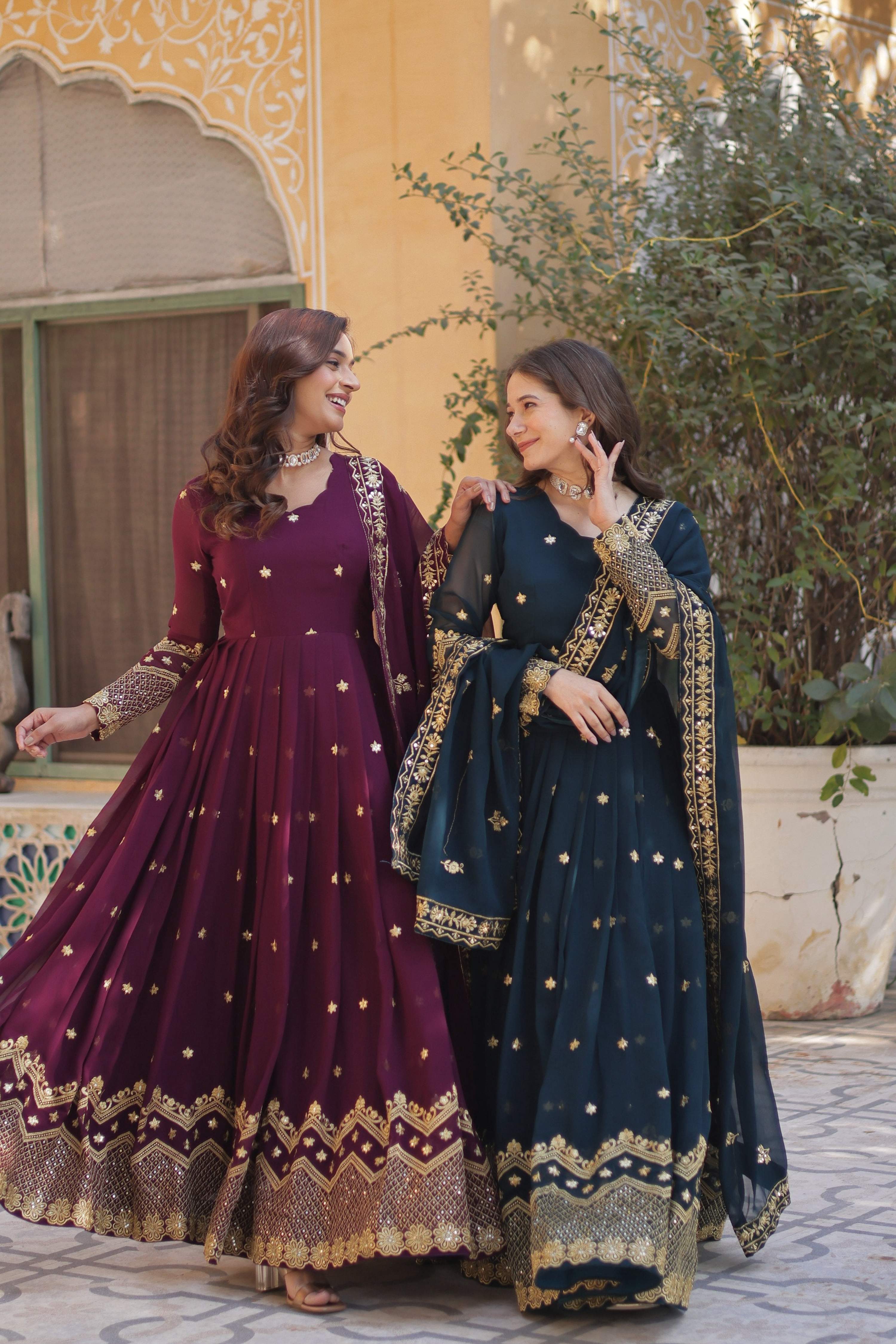 Jyoti Fashion Women's Rama & Wine Faux Georgette Zari with Sequins Embroidered Combo Anarkali Set with Dupatta - Distacart
