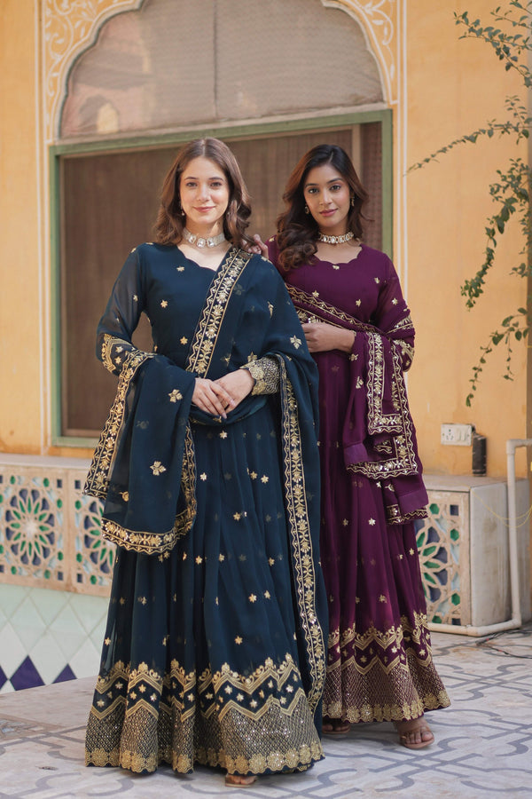 Jyoti Fashion Women's Rama & Wine Faux Georgette Zari with Sequins Embroidered Combo Anarkali Set with Dupatta - Distacart