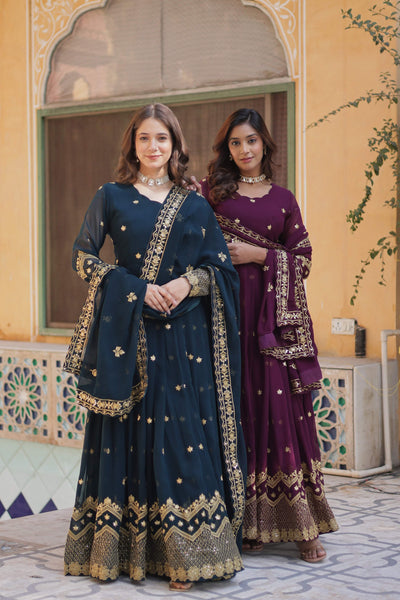 Jyoti Fashion Women's Rama & Wine Faux Georgette Zari with Sequins Embroidered Combo Anarkali Set with Dupatta - Distacart