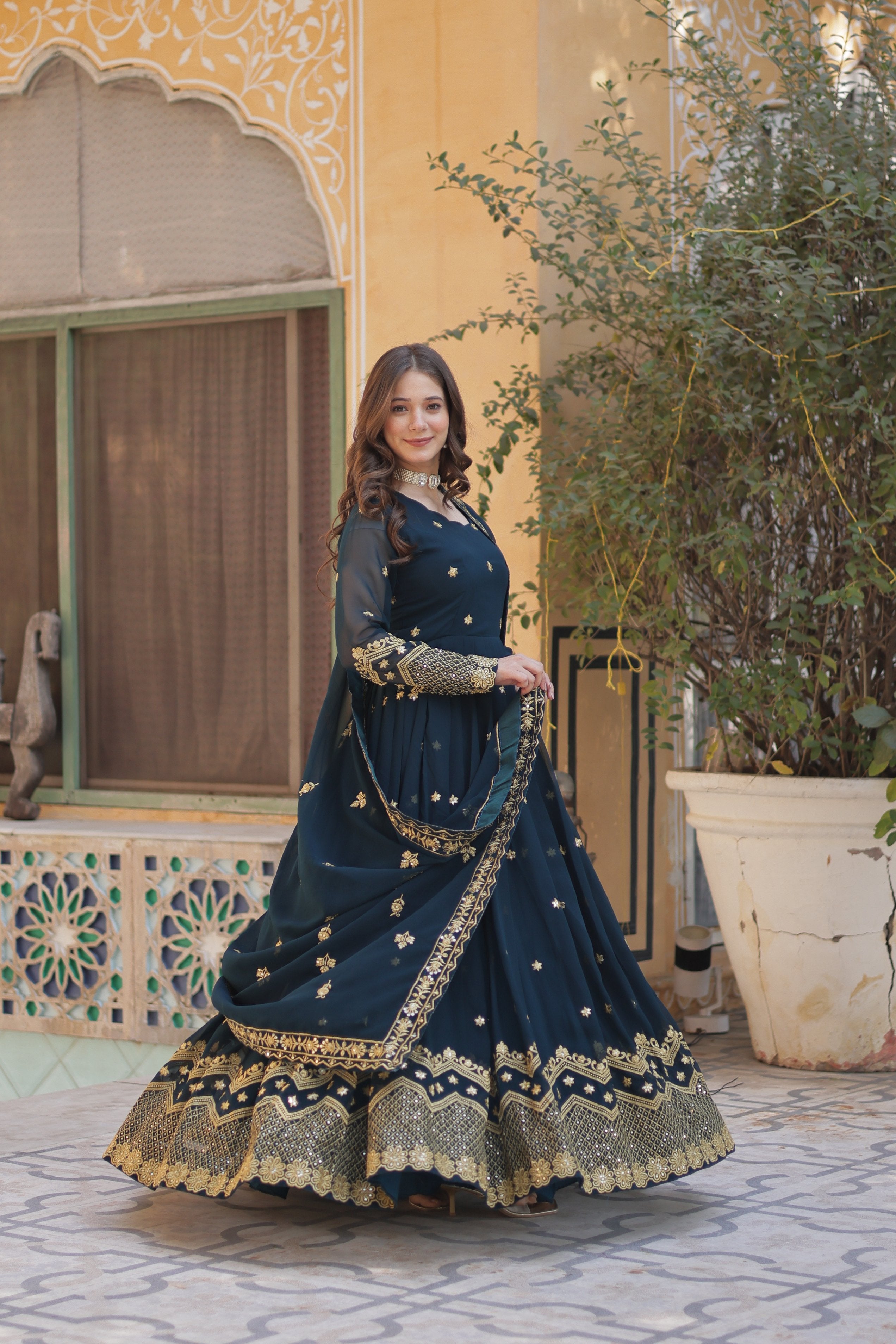 Jyoti Fashion Women's Rama Faux Georgette Zari with Sequins Embroidered Anarkali Set with Dupatta - Distacart
