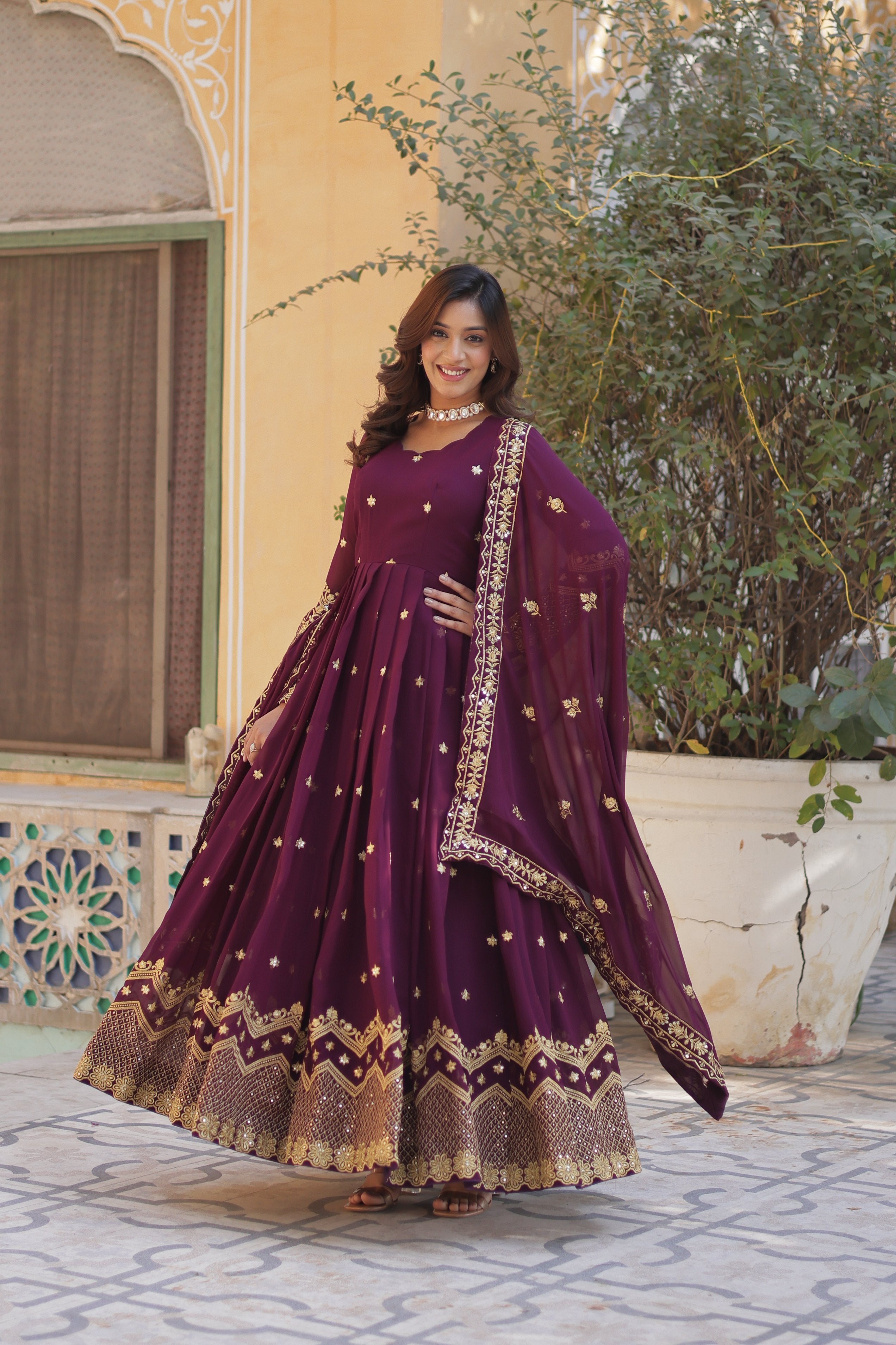 Jyoti Fashion Women's Wine Faux Georgette Zari with Sequins Embroidered Anarkali Set with Dupatta - Distacart