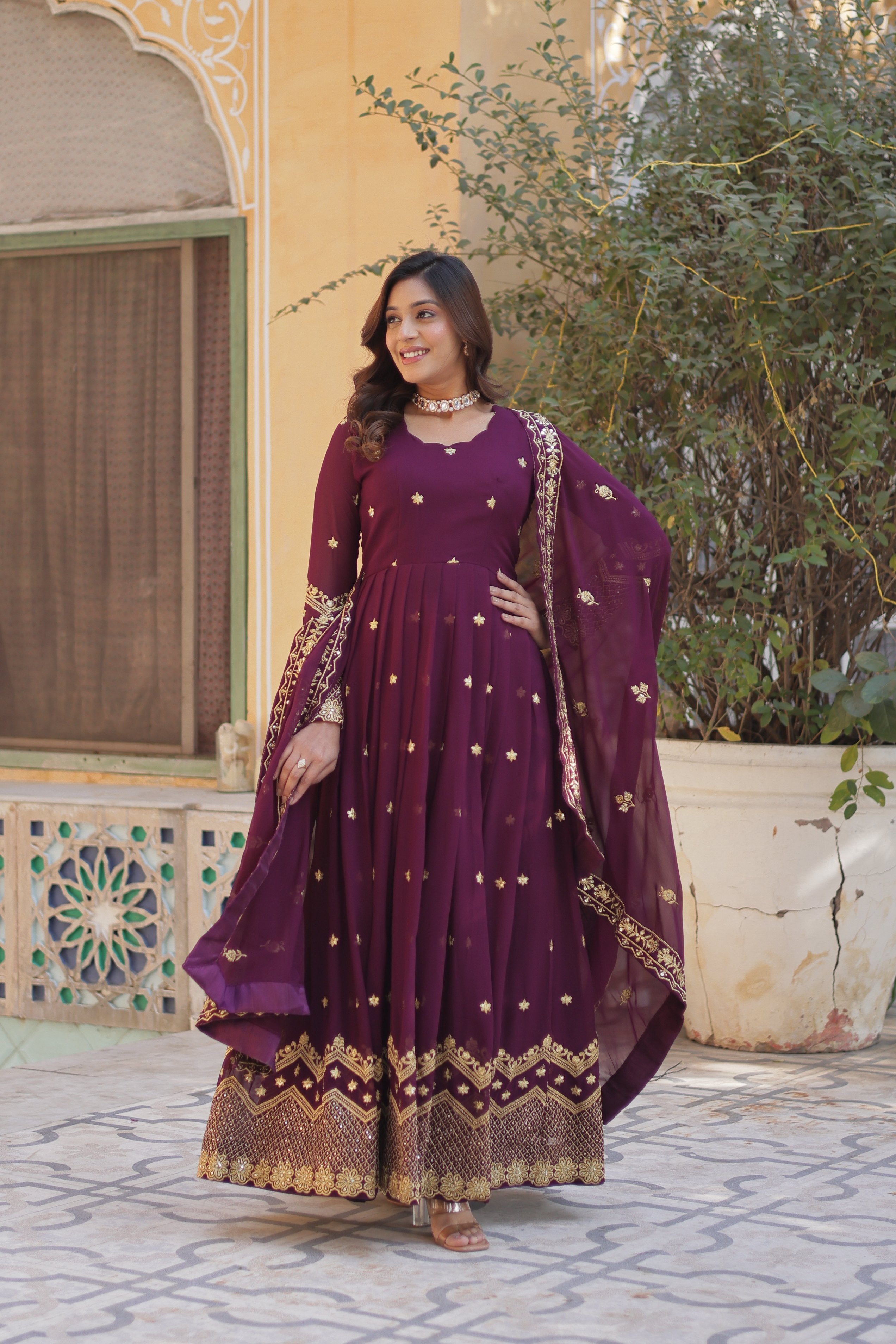 Jyoti Fashion Women's Wine Faux Georgette Zari with Sequins Embroidered Anarkali Set with Dupatta - Distacart