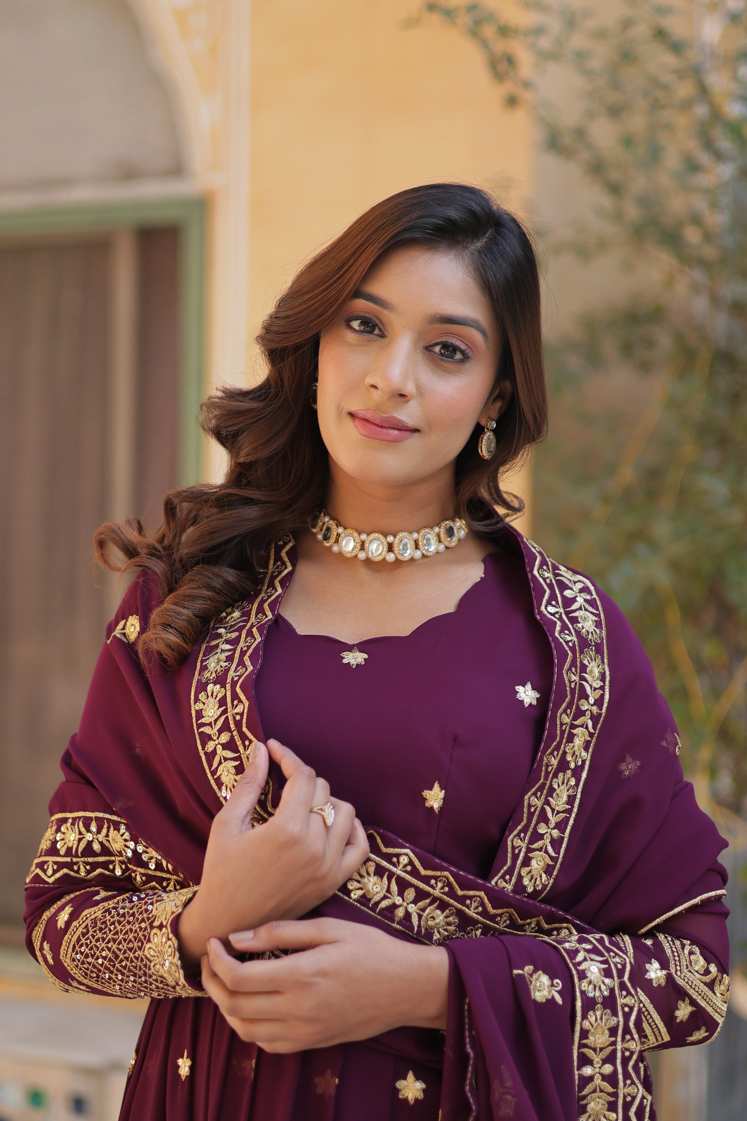 Jyoti Fashion Women's Wine Faux Georgette Zari with Sequins Embroidered Anarkali Set with Dupatta - Distacart