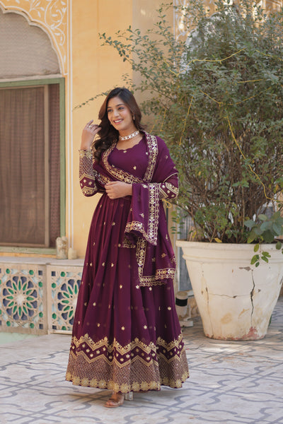 Jyoti Fashion Women's Wine Faux Georgette Zari with Sequins Embroidered Anarkali Set with Dupatta - Distacart