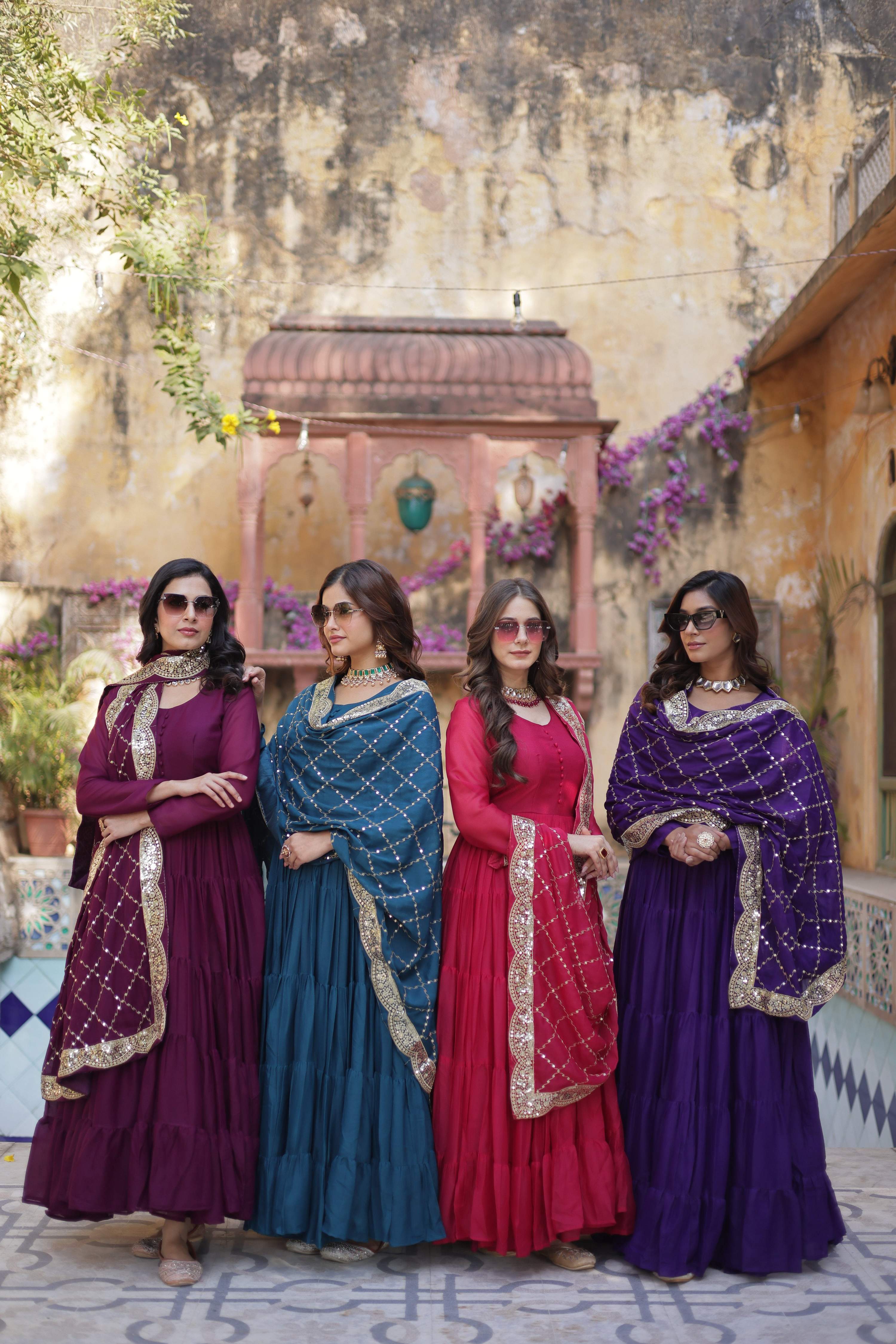 Jyoti Fashion Women's Wine, Rama, Pink & Jamuni Star Georgette Rich Sequins Embroidered Combo Anarkali Set with Dupatta - Distacart