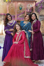 Thumbnail for Jyoti Fashion Women's Wine, Rama, Pink & Jamuni Star Georgette Rich Sequins Embroidered Combo Anarkali Set with Dupatta - Distacart