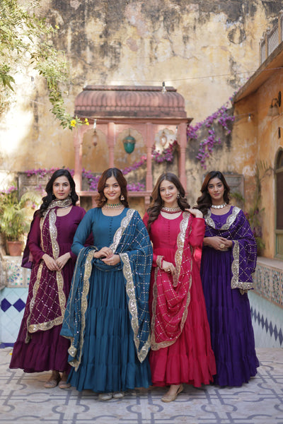 Jyoti Fashion Women's Wine, Rama, Pink & Jamuni Star Georgette Rich Sequins Embroidered Combo Anarkali Set with Dupatta - Distacart