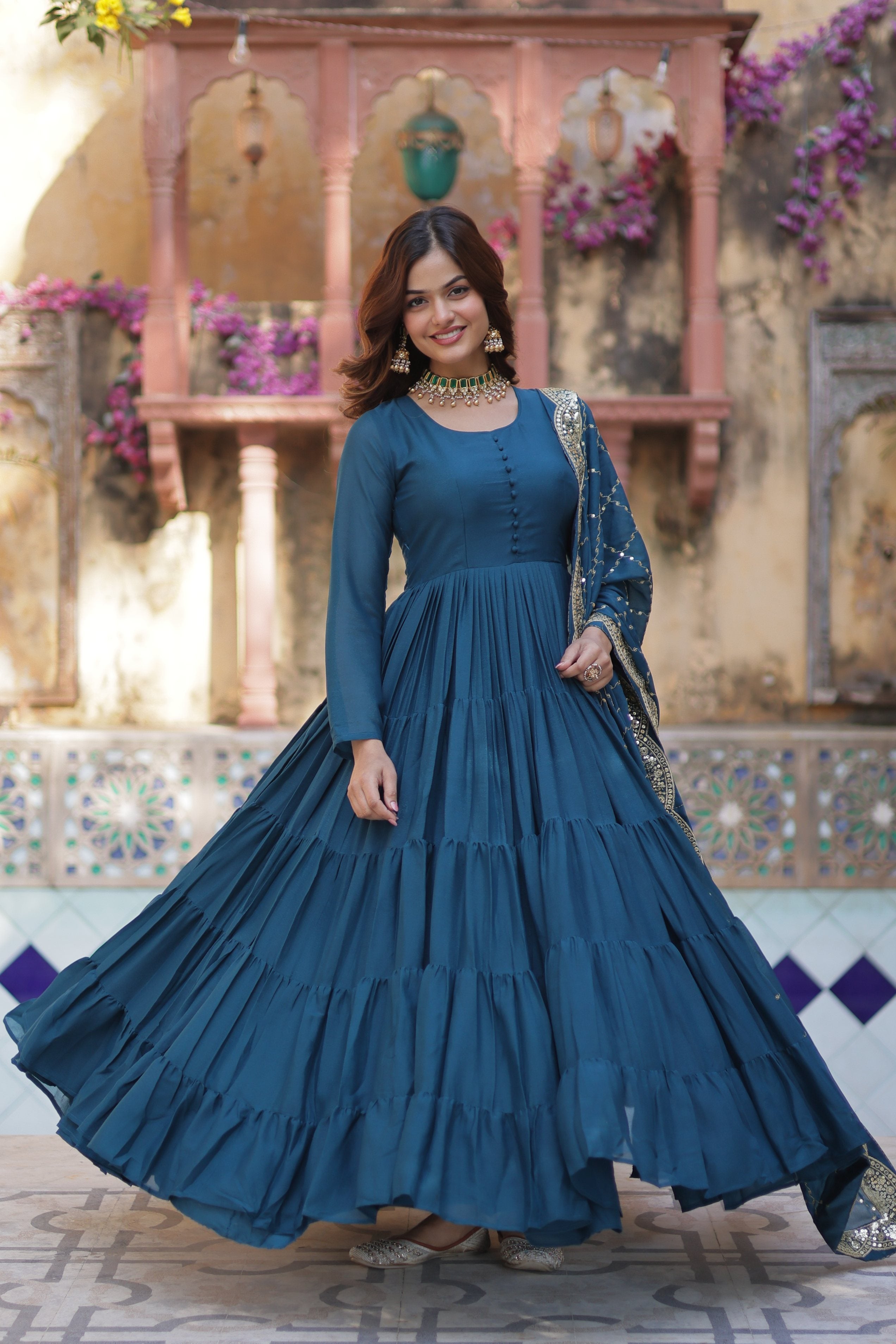 Jyoti Fashion Women's Rama Star Georgette Rich Sequins Embroidered Anarkali Set with Dupatta - Distacart