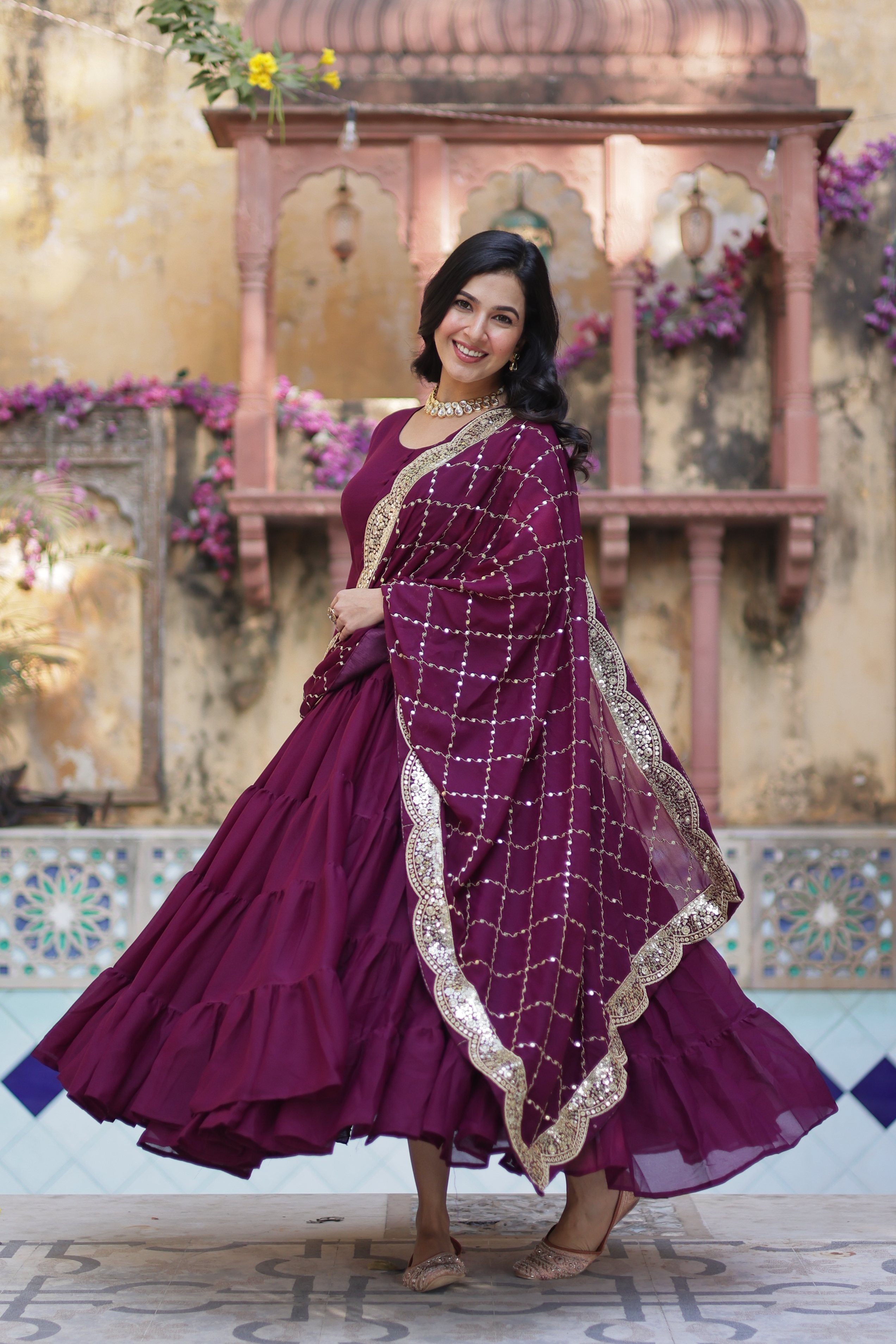 Jyoti Fashion Women's Wine Star Georgette Rich Sequins Embroidered Anarkali Set with Dupatta - Distacart