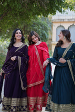 Thumbnail for Jyoti Fashion Women's Wine, Red & Rama Faux Blooming Multi Sequins Embroidered Combo Anarkali Set with Dupatta - Distacart