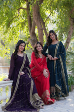 Thumbnail for Jyoti Fashion Women's Wine, Red & Rama Faux Blooming Multi Sequins Embroidered Combo Anarkali Set with Dupatta - Distacart
