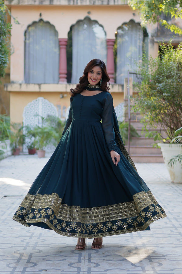 Jyoti Fashion Women's Rama Faux Blooming Multi Sequins Embroidered Anarkali Set with Dupatta - Distacart