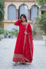 Thumbnail for Jyoti Fashion Women's Red Faux Blooming Multi Sequins Embroidered Anarkali Set with Dupatta - Distacart