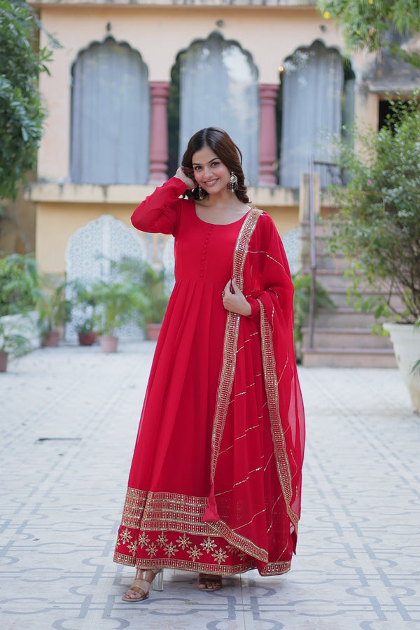 Jyoti Fashion Women's Red Faux Blooming Multi Sequins Embroidered Anarkali Set with Dupatta - Distacart