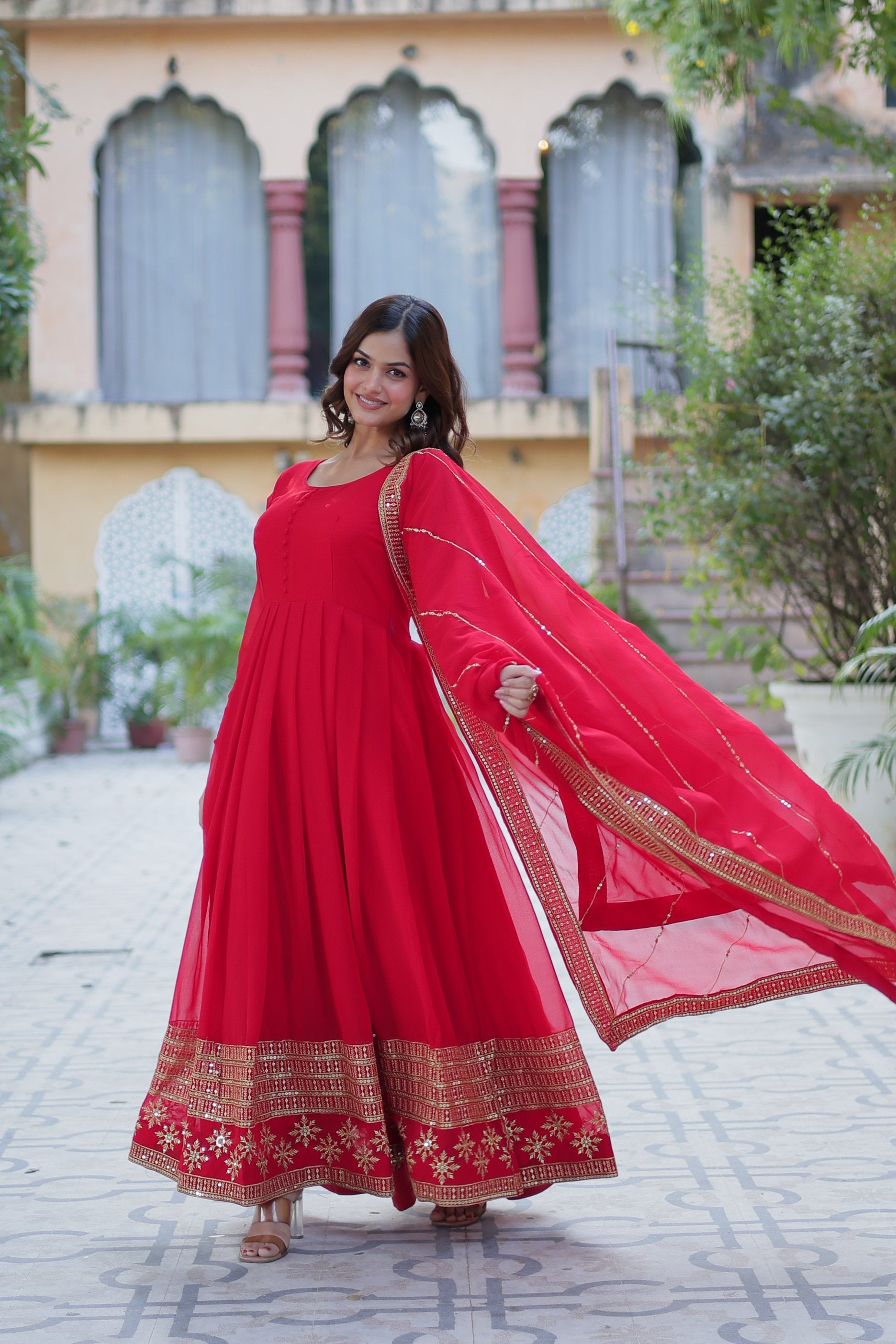 Jyoti Fashion Women's Red Faux Blooming Multi Sequins Embroidered Anarkali Set with Dupatta - Distacart