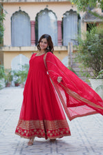 Thumbnail for Jyoti Fashion Women's Red Faux Blooming Multi Sequins Embroidered Anarkali Set with Dupatta - Distacart
