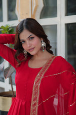 Thumbnail for Jyoti Fashion Women's Red Faux Blooming Multi Sequins Embroidered Anarkali Set with Dupatta - Distacart