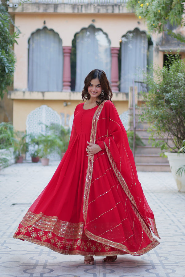 Jyoti Fashion Women's Red Faux Blooming Multi Sequins Embroidered Anarkali Set with Dupatta - Distacart