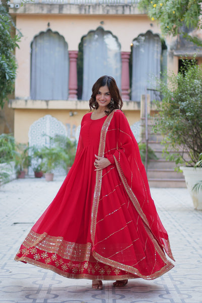 Jyoti Fashion Women's Red Faux Blooming Multi Sequins Embroidered Anarkali Set with Dupatta - Distacart
