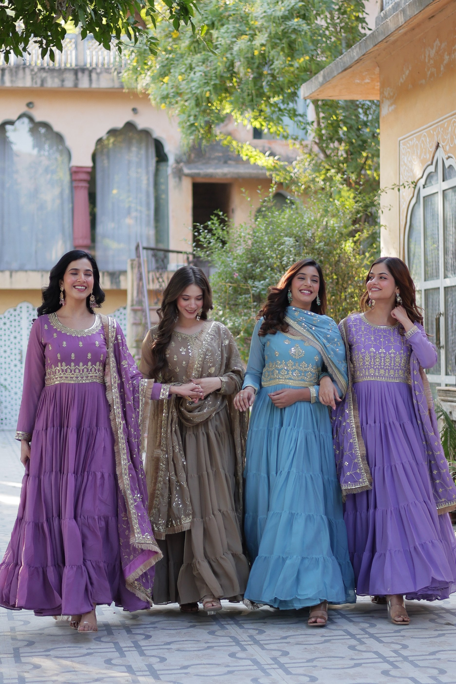 Jyoti Fashion Women's Jamuni, Beige, Sky Blue & Purple Star Georgette Rich Sequins Embroidered Combo Anarkali Set with Dupatta - Distacart