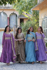 Thumbnail for Jyoti Fashion Women's Jamuni, Beige, Sky Blue & Purple Star Georgette Rich Sequins Embroidered Combo Anarkali Set with Dupatta - Distacart