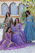 Thumbnail for Jyoti Fashion Women's Jamuni, Beige, Sky Blue & Purple Star Georgette Rich Sequins Embroidered Combo Anarkali Set with Dupatta - Distacart