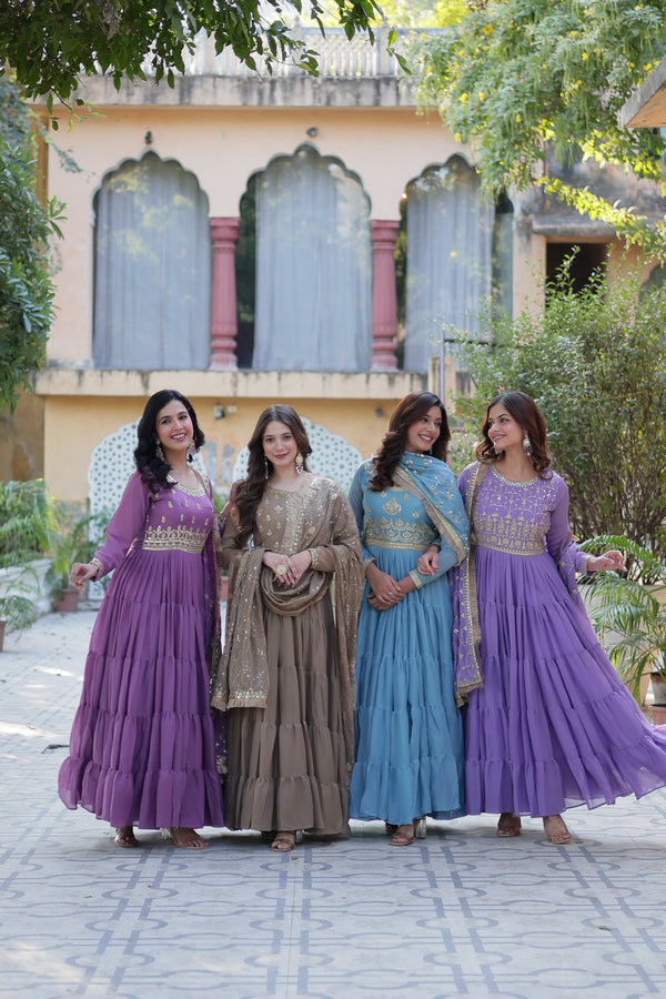 Jyoti Fashion Women's Jamuni, Beige, Sky Blue & Purple Star Georgette Rich Sequins Embroidered Combo Anarkali Set with Dupatta - Distacart