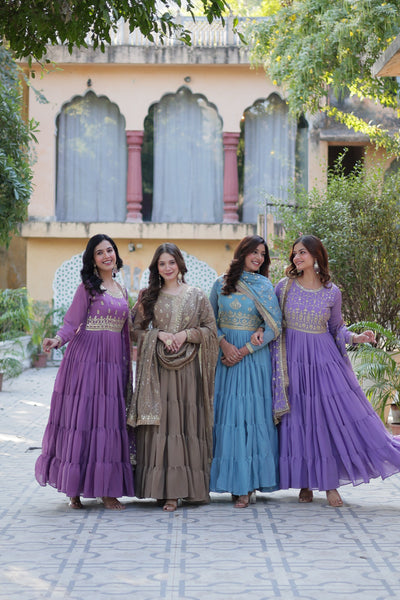 Jyoti Fashion Women's Jamuni, Beige, Sky Blue & Purple Star Georgette Rich Sequins Embroidered Combo Anarkali Set with Dupatta - Distacart