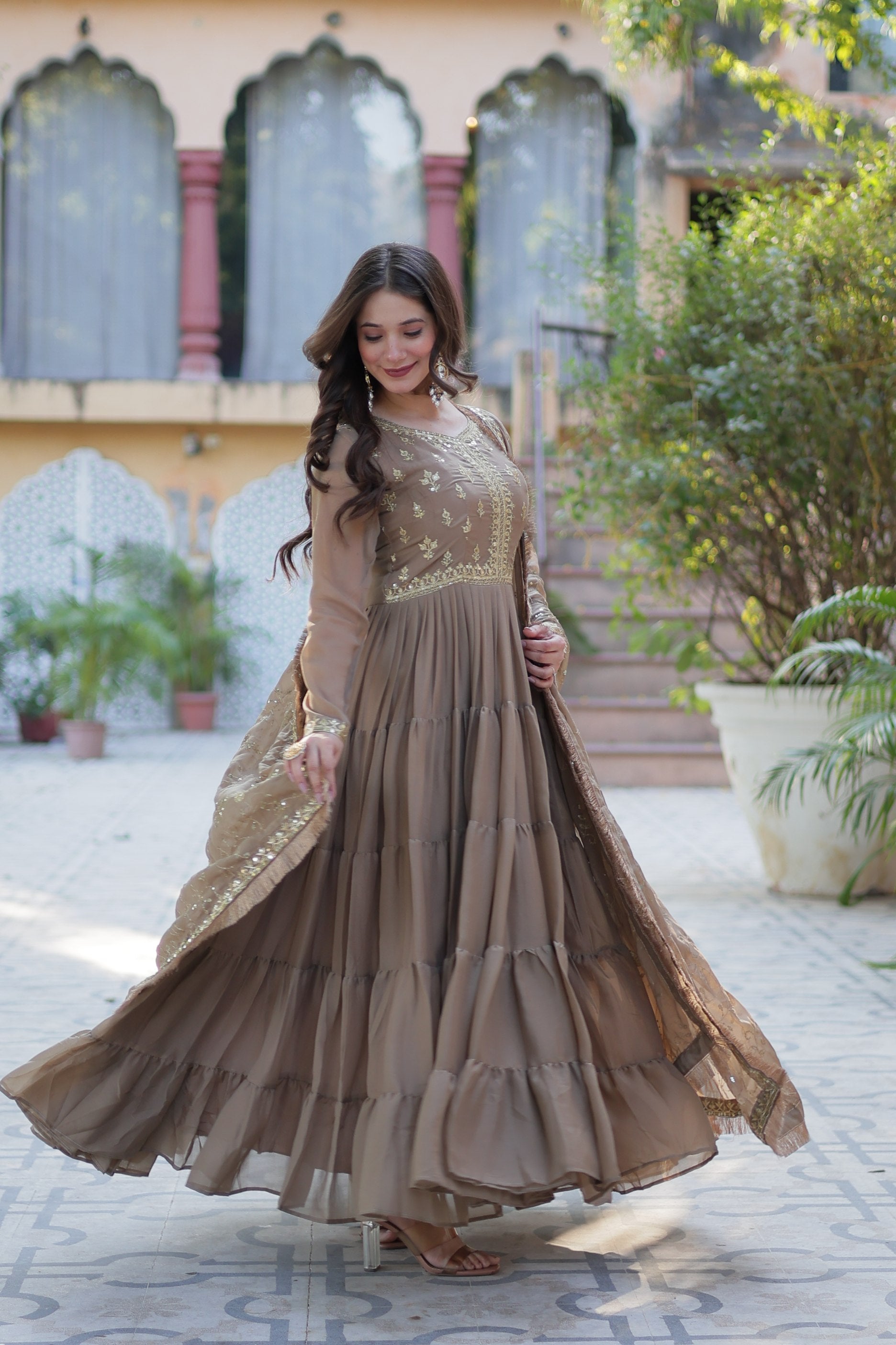 Jyoti Fashion Women's Beige Star Georgette Rich Sequins Embroidered Anarkali Set with Dupatta - Distacart