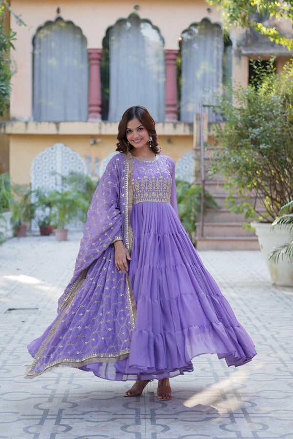 Jyoti Fashion Women's Purple Star Georgette Rich Sequins Embroidered Anarkali Set with Dupatta - Distacart