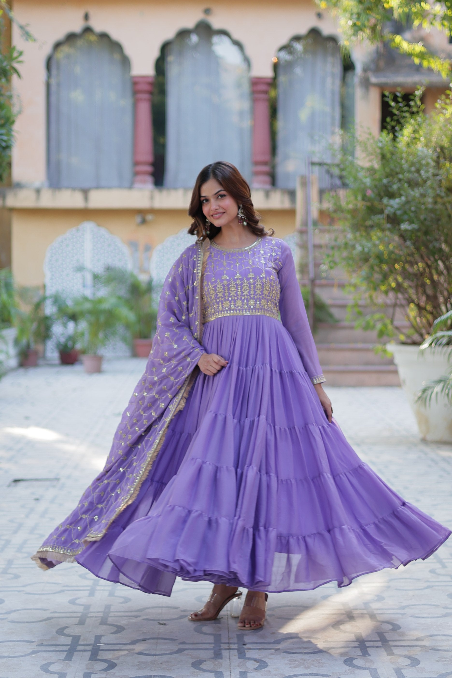 Jyoti Fashion Women's Purple Star Georgette Rich Sequins Embroidered Anarkali Set with Dupatta - Distacart