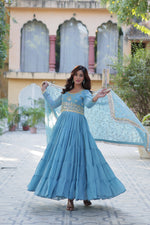 Thumbnail for Jyoti Fashion Women's Sky Blue Star Georgette Rich Sequins Embroidered Anarkali Set with Dupatta - Distacart