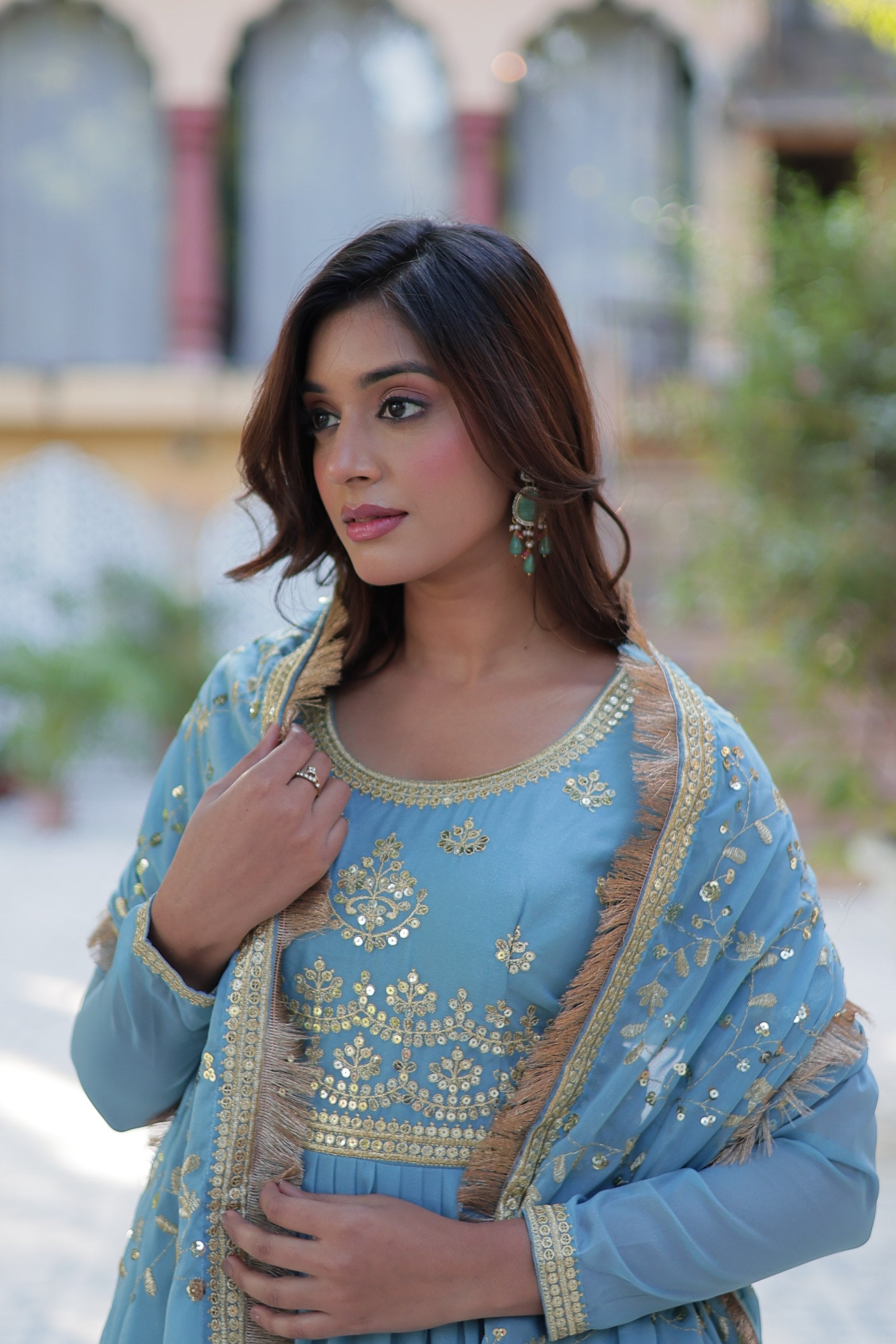 Jyoti Fashion Women's Sky Blue Star Georgette Rich Sequins Embroidered Anarkali Set with Dupatta - Distacart