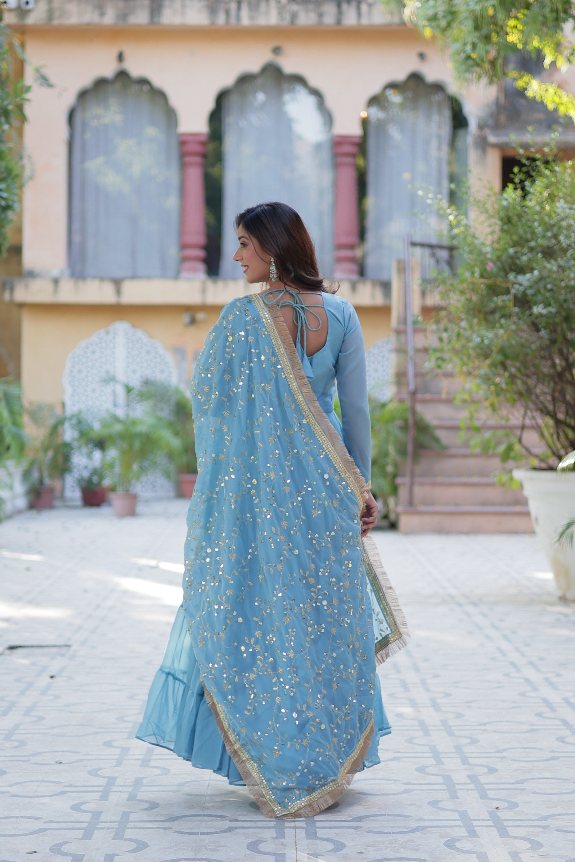 Jyoti Fashion Women's Sky Blue Star Georgette Rich Sequins Embroidered Anarkali Set with Dupatta - Distacart