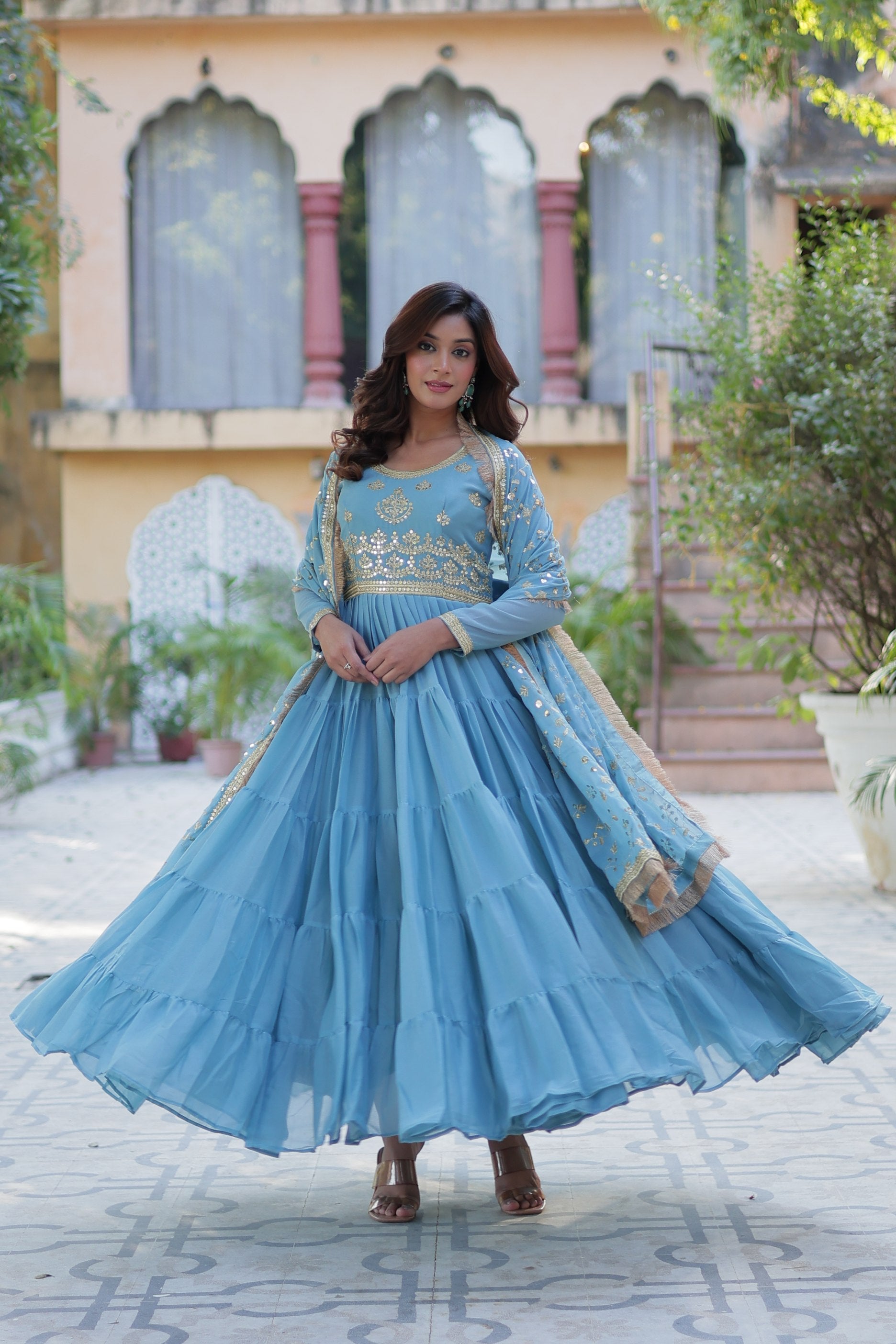 Jyoti Fashion Women's Sky Blue Star Georgette Rich Sequins Embroidered Anarkali Set with Dupatta - Distacart