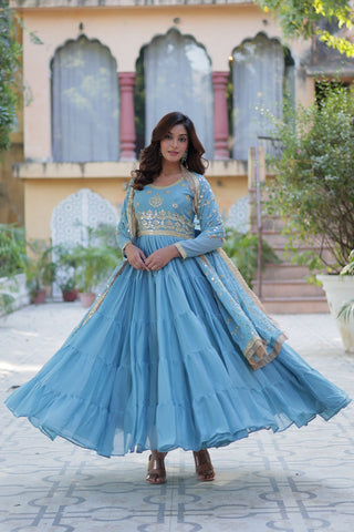 Jyoti Fashion Women's Sky Blue Star Georgette Rich Sequins Embroidered Anarkali Set with Dupatta - Distacart
