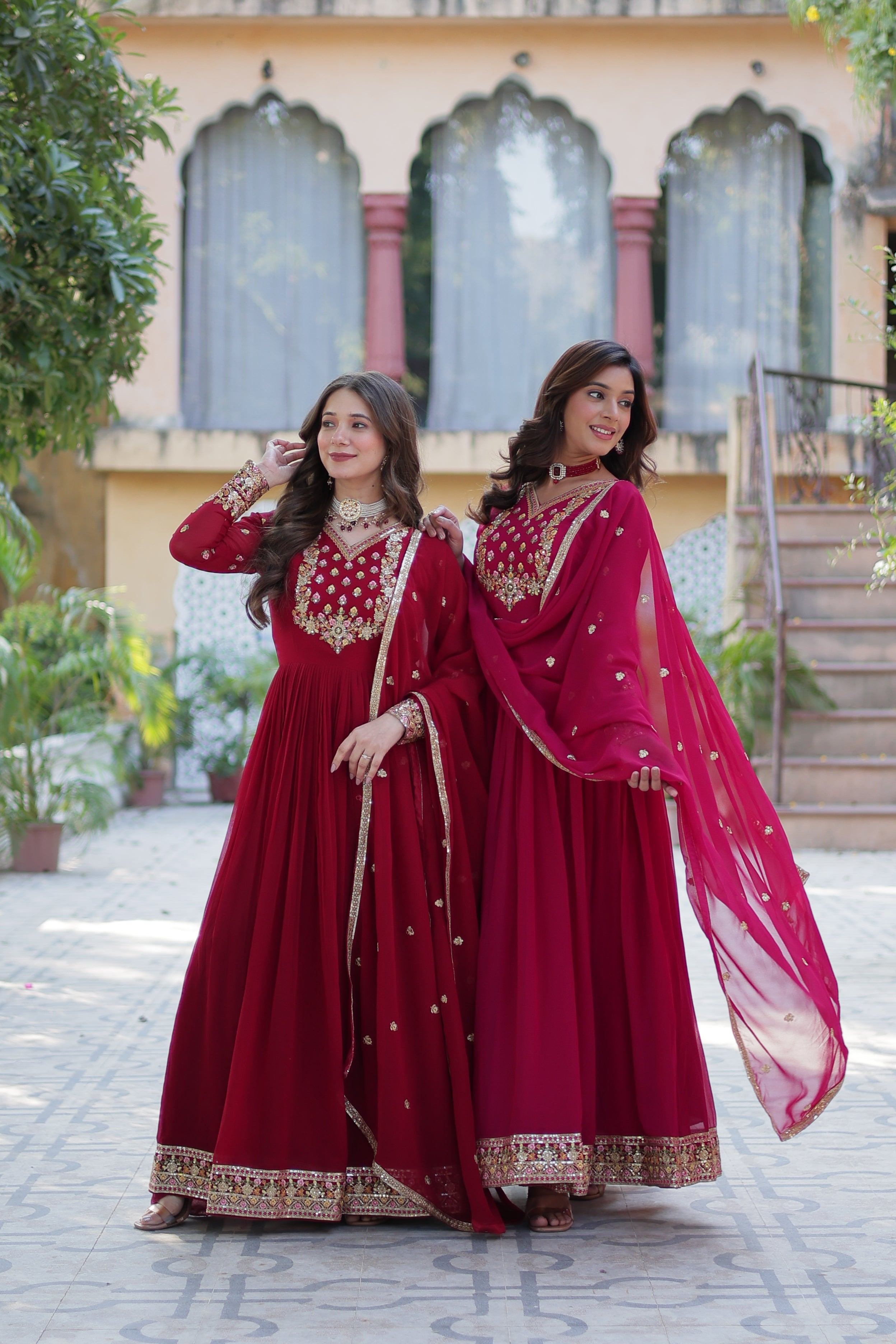 Jyoti Fashion Women's Maroon & Pink Faux Georgette Rich Sequins Embroidered Combo Anarkali Set with Dupatta - Distacart