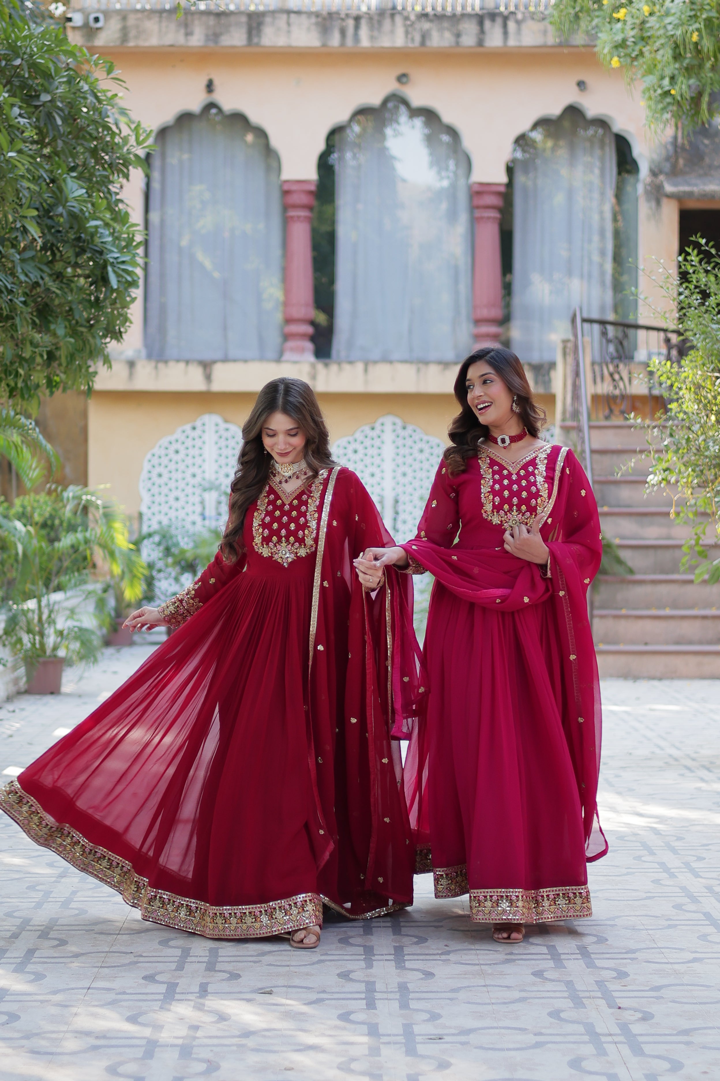 Jyoti Fashion Women's Maroon & Pink Faux Georgette Rich Sequins Embroidered Combo Anarkali Set with Dupatta - Distacart
