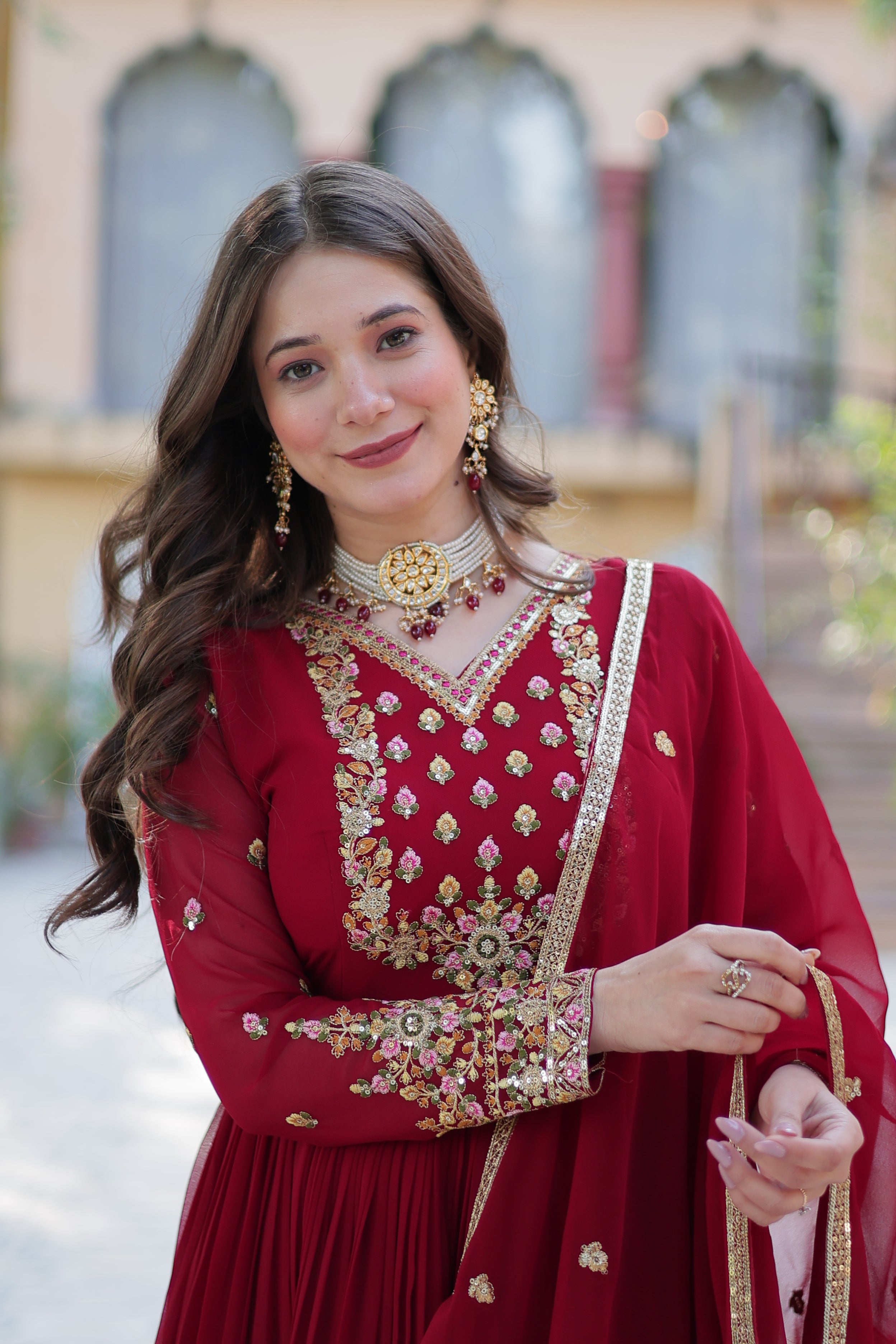 Jyoti Fashion Women's Maroon Faux Georgette Rich Sequins Embroidered Anarkali Set with Dupatta - Distacart